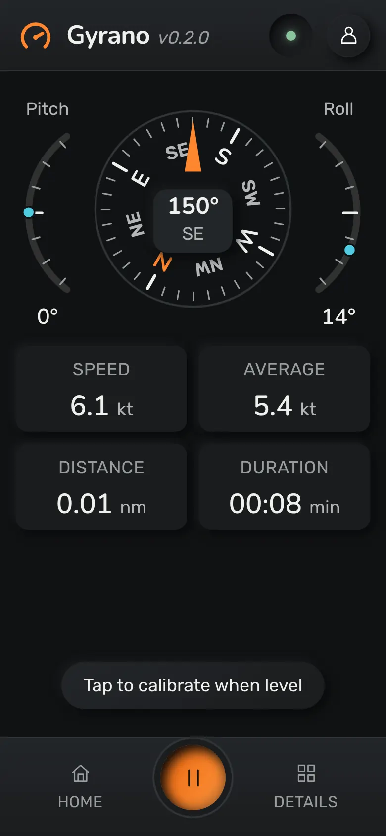 Boat: pitch and roll arcs either side of a turning compass