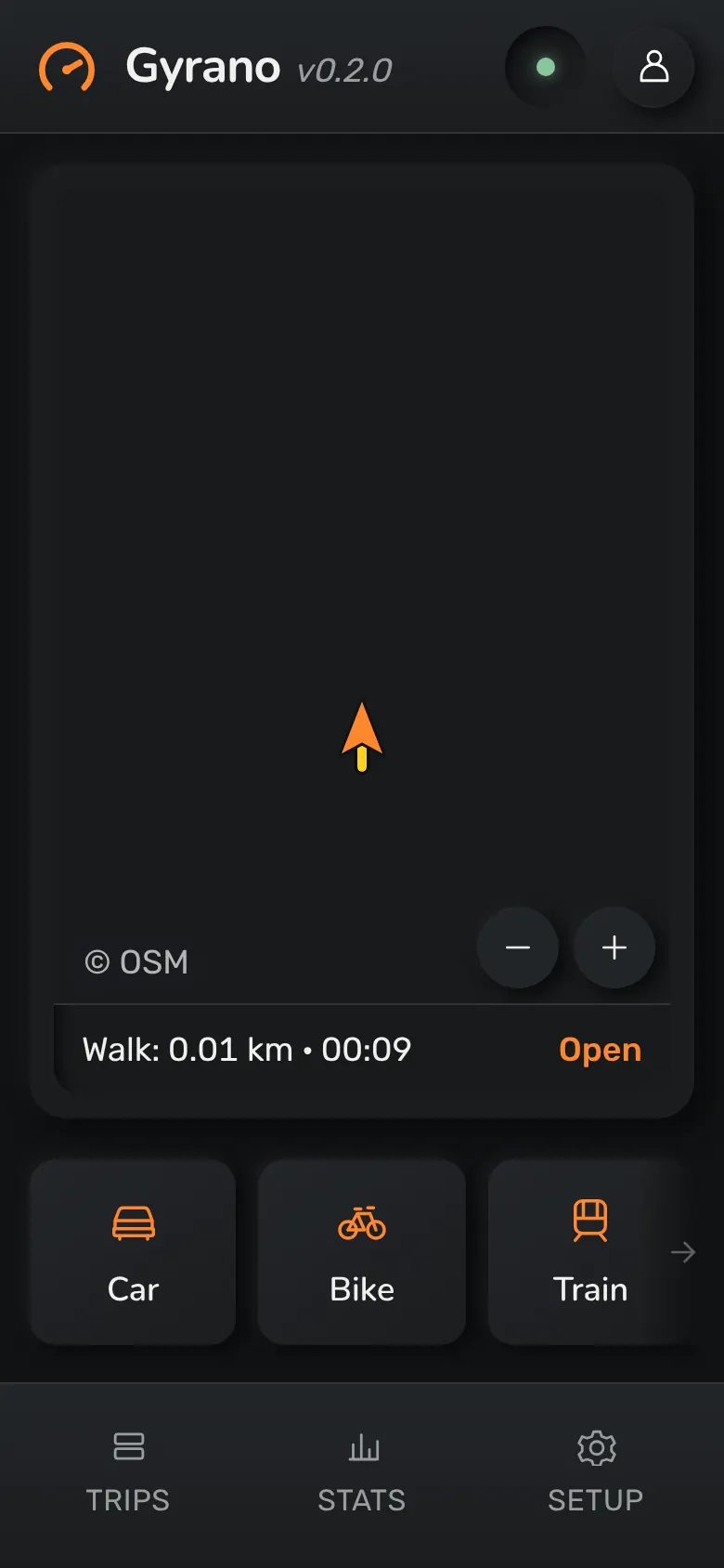 Gyrano's main screen: a live map with the yellow path walked so far, and the six activities below